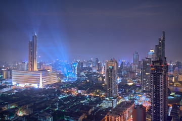 Fototapeta na wymiar night cityscape view of chaopraya river and highest building in bangkok