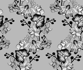 Monochrome seamless pattern wiht hand drawn flowers Orchids, Phalaenopsis. manual graphic with contours and silhouettes of flowers. 