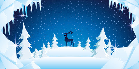 Winter nature and reindeer in the snow.