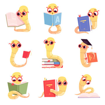 Bookworm characters. Worms kids reading books school little baby animal in library vector collection. Illustration of bookworm with books, earthworm education