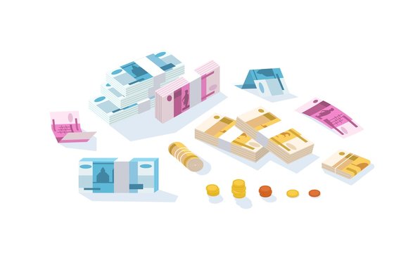 Set of fiat money or Russian rouble currency. Bundle of Ruble bills or banknotes in stacks and rolls and kopek coins isolated on white background. Modern colorful isometric vector illustration.