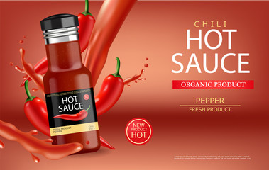 Hot chilli sauce vector realistic with splash. Product placement mock up bottle. Label design advertise 3d illustrations
