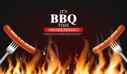 Bbq sausage fire Vector realistic. Vertical menu brochure template hot grill. Hot sauce chily and tomato. 3d illustration food isolated