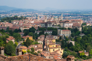 Old Town Citta Alta in Bergamo, Italy. Top view from San Vigilio Hill