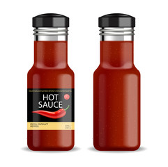 Hot chilli sauce vector isolated realistic. Product placement mock up bottle. Label design advertise 3d illustrations