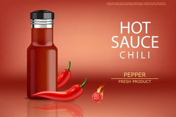 Hot chilli sauce vector realistic. Product placement mock up bottle. Label design advertise 3d illustrations