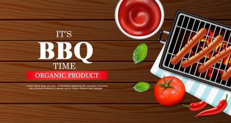 Bbq grill party Vector realistic. Vertical menu brochure template hot sausages. Hot sauce chily and tomato. 3d illustration food isolated