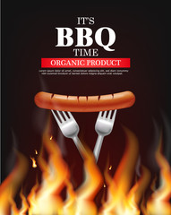 Bbq sausage fire Vector realistic. Vertical menu brochure template hot grill. Hot sauce chily and tomato. 3d illustration food isolated