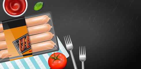 Sausage pack Vector realistic. Product placement label design. Uncooked food serving . dark table 3d illustrations