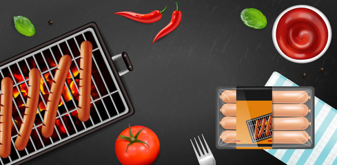 Bbq grill hot dog Vector realistic. Banner tasty menu brochure template hot sausages. 3d illustration foods