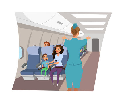 Flight attendant on plane flat vector illustration