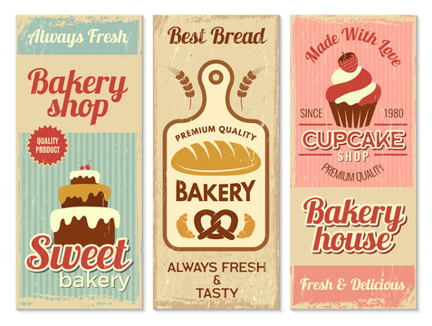 Bakery Banners. Sweet Cakes Kitchen Logotype For Cooking Projects Vector Restaurant Menu Template. Cake Banner And Bakery Banner Shop Illustration