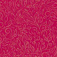 Baroque style vector seamless pattern. Hand drawn golden colored contours of abstract flowers and leaves on crimson background. Ornate template for design, textile, wallpaper, clothing, ceramics.
