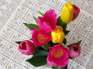 Bouquet of pink and yellow tulips