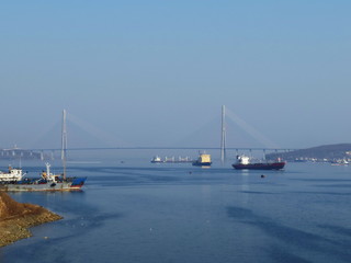 The ships pass under the bridge to The Russian island