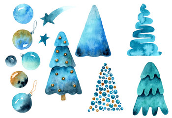 watercolor christmas trees set with christmas balls