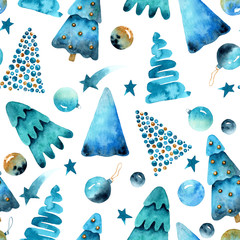 seamless pattern with christmas watercolor trees and christmas balls in blue shades