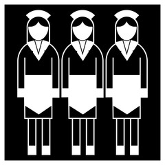 Hotel cleaners. Icon. Female figure in apron. Flat, black and white image.