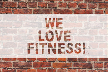 Fototapeta na wymiar Handwriting text writing We Love Fitness. Concept meaning Having affection for sport exercises good healthy diet Brick Wall art like Graffiti motivational call written on the wall