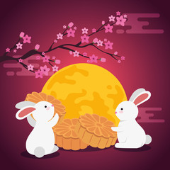 rabbits together with flowers cookies and tree flowers