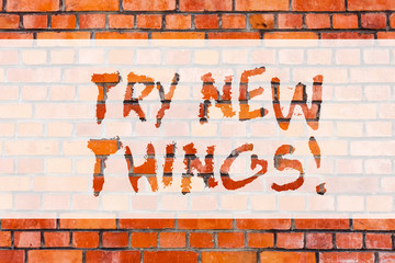 Writing note showing Try New Things. Business photo showcasing Do different activities get to know other ways of doing Brick Wall art like Graffiti motivational call written on the wall