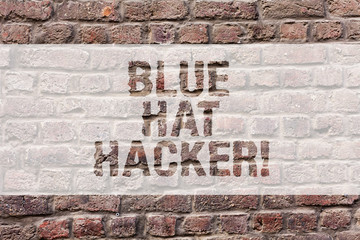 Word writing text Blue Hat Hacker. Business concept for Person consulting firms who bug system prior to its launch Brick Wall art like Graffiti motivational call written on the wall