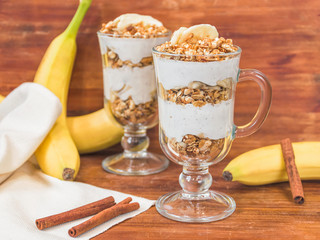 Baked Muesli - granola - diet dessert with yogurt, cottage cheese, cream. Healthy food
