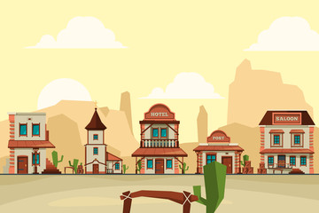 Wild west town. Old western architectural elements city background with saloon bar and store vector background illustrations. Wild west building, wooden american hotel and post