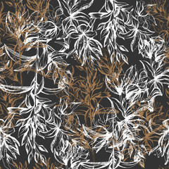 Seamless black background with white and gold contour flowers. Elegant floral texture. Vector illustration for fabric, tiles.