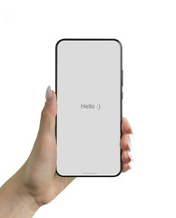 Smartphone in woman hand on white backdrop. Blank screen.