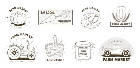 Bundle of logotypes for farm market, locally grown vegetables, organic products. Set of logos or emblems hand drawn with contour lines on white background. Monochrome realistic vector illustration.