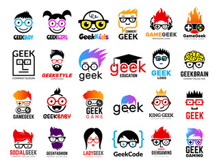 Geek logo. Business badges symbols of gamers nerd smart characters easy learning face with glasses vector collection. Illustration of nerd and geek man in glasses, genius creativity logo - obrazy, fototapety, plakaty