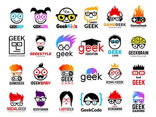 Fotobehang Geek logo. Business badges symbols of gamers nerd smart characters easy learning face with glasses vector collection. Illustration of nerd and geek man in glasses, genius creativity logo © ONYXprj