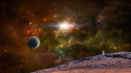 Space scene. Astronaut on walk on planet with colorful nebula. Elements furnished by NASA. 3D rendering