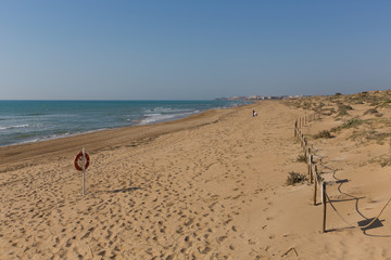 Fototapeta na wymiar Beautiful natural sandy beach dunes near Guardamar de Segura Costa Blanca Spain with view to Torre la Mata