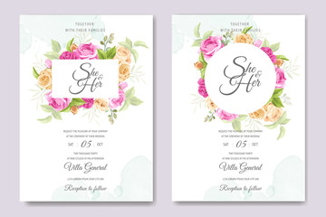 wedding invitation card with beautiful floral and leaves template