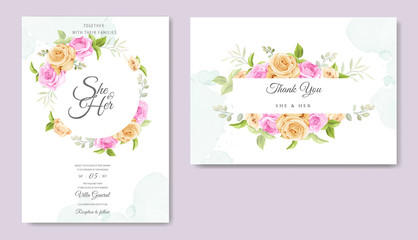 Fototapeta na wymiar wedding invitation card with beautiful floral and leaves template