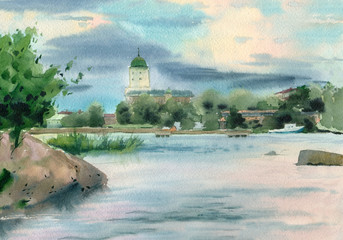 Watercolor painting. Summer landscape with river and castle. - 283529564