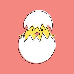 Cute cartoon chick with cracked egg, happy easter, vector illustration