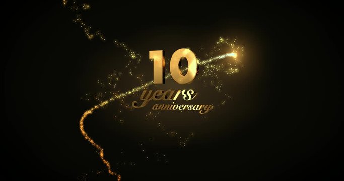 10 years anniversary motion graphic 4K footage with golden sparkling trail, particles and number. Background with alpha channel