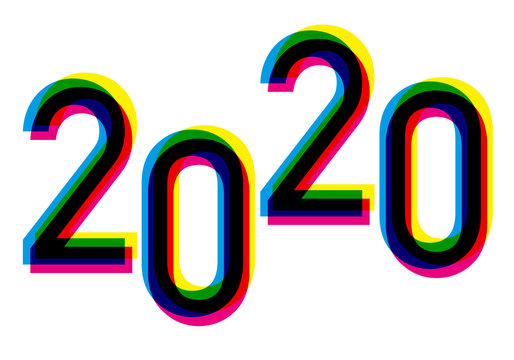 Carte de vœux 2020 avec un graphique de chiffres décalés reprenant les couleurs primaires