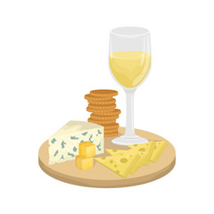 A glass of white wine, cheese platter on a wooden Board with crackers. Maasdam, Gouda, Roquefort.