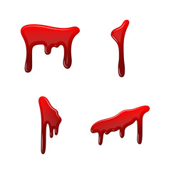 Blood drip 3D set. Drop blood isloated white background. Happy Halloween decoration design. Red splatter stain, splash spot, horror blot. Bleeding bloodstain texture. Liquid paint. Vector illustraton