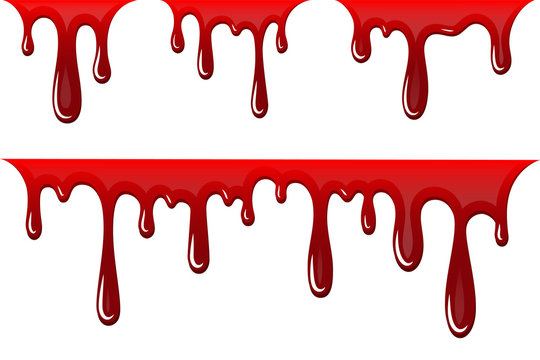 Blood drip. Drop blood isloated white background. Happy Halloween  decoration design. Red splatter stain, splash spot, horror blot. Bleeding  bloodstain scare texture. Liquid paint. Vector illustraton Stock Vector