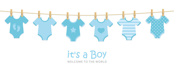 its a boy welcome greeting card for childbirth with hanging baby bodysuits vector illustration EPS10