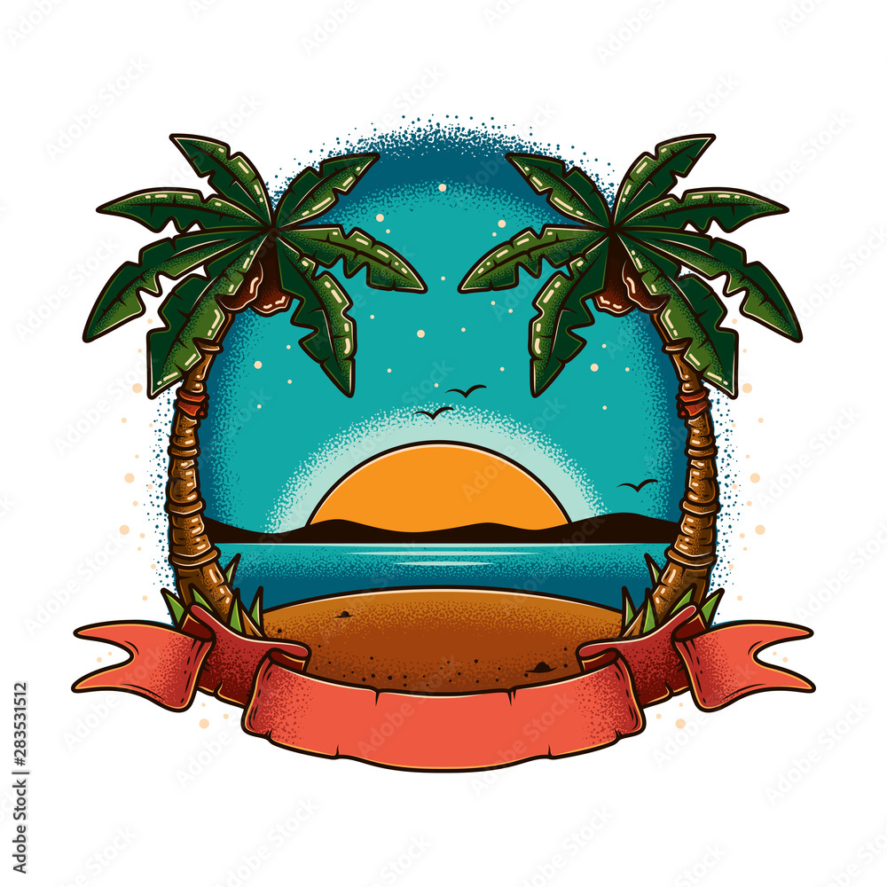 Wall mural original vector illustration in vintage style. summer landscape, beach with palm trees on the shore,