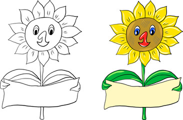 Set of two sunflowers - coloring variant and colorful one