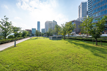 Fototapeta premium zielony trawnik z panoramą miasta w szanghaju w chinach
