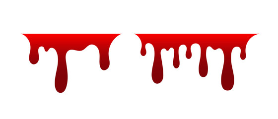 Blood drip set. Drop blood isloated white background. Happy Halloween decoration design. Red splatter stain splash spot, horror blot. Bleeding bloodstain scare texture Liquid paint. Vector illustraton