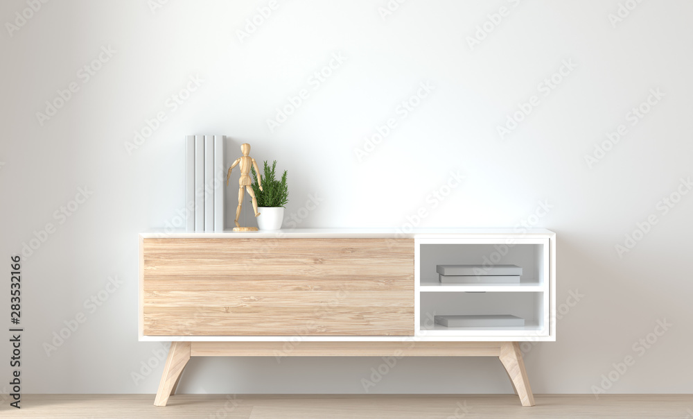 Fototapete wall mockup cabinet in front of the empty wall 3d rendering modern home design,mockup element for gr